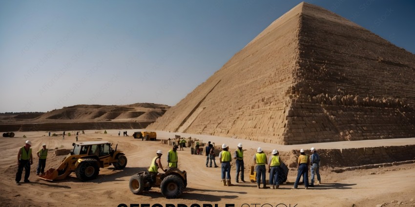 Construction workers in yellow vests standing in front of a large pyramid