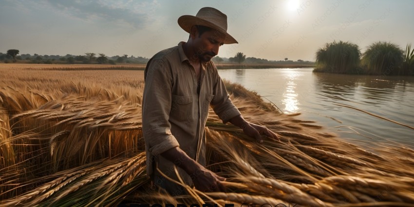 Man wearing a hat, working with wheat