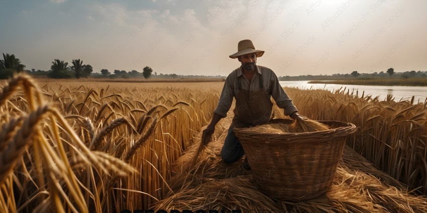 Man in Overalls Harvesting Wheat