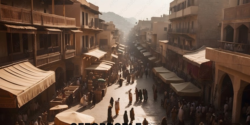 A crowded marketplace with people walking down the street