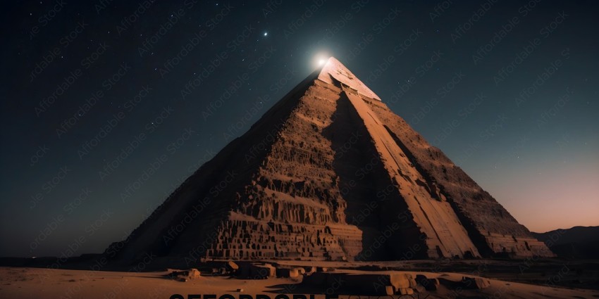 A large pyramid with a bright moon in the sky
