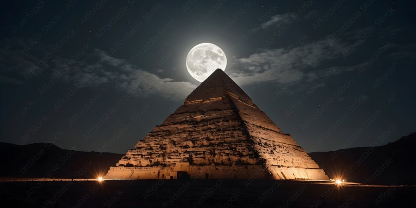 A large pyramid with a full moon in the background