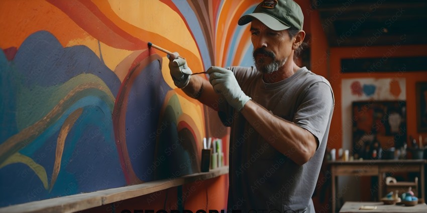 Man painting a mural with a paintbrush