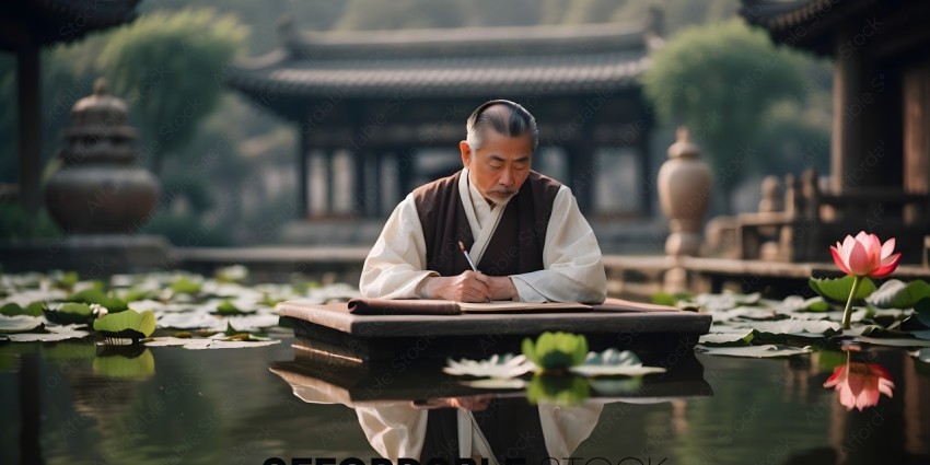 An Asian man writing in a pond