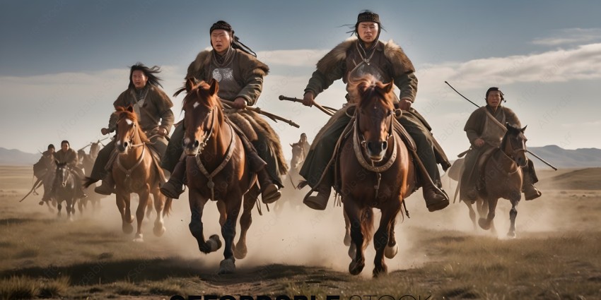 Three men riding horses in a line