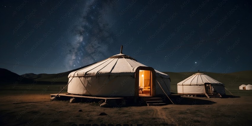 A nighttime view of a white yurt with a light on inside