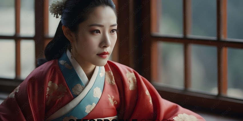 A woman in a red kimono with a blue and white sash