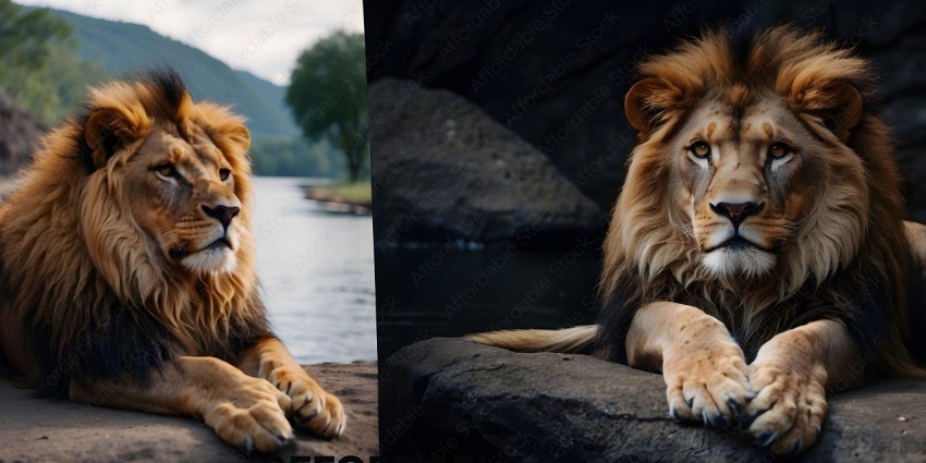 A lion sitting on a rock with a lake in the background