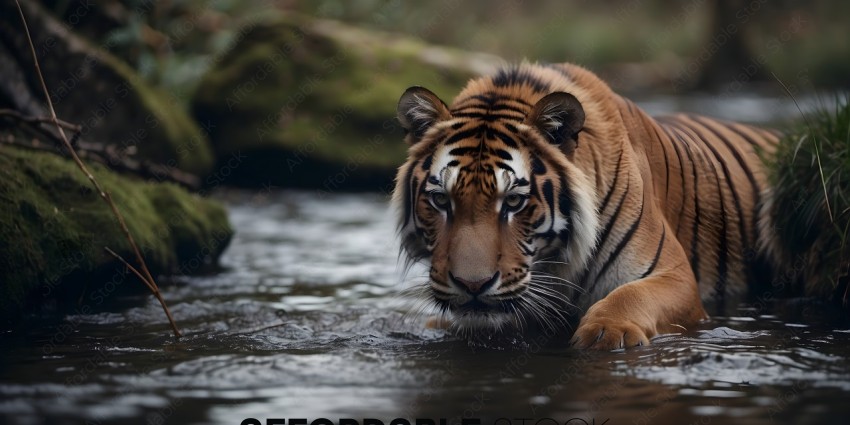 A tiger is drinking water from a river