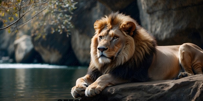 A lion sitting on a rock by the water