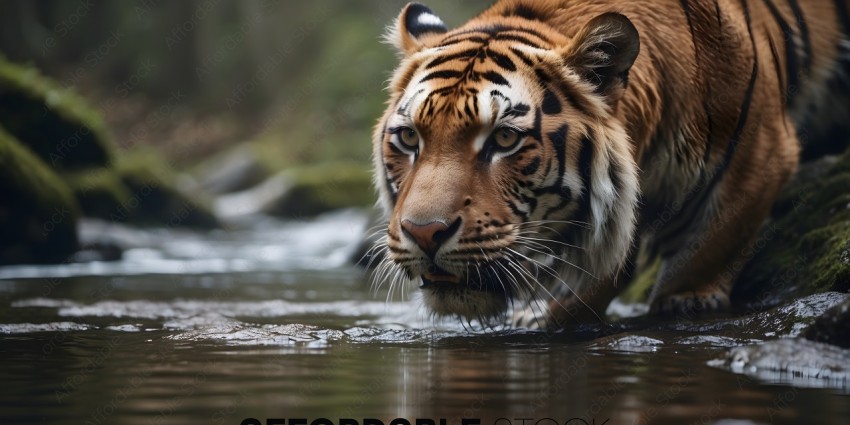 A tiger is drinking water from a stream