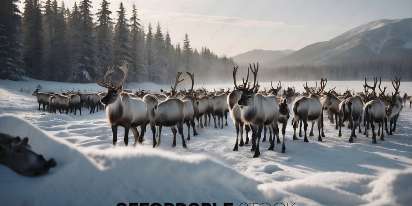 Herd of Antelope in Snowy Mountains