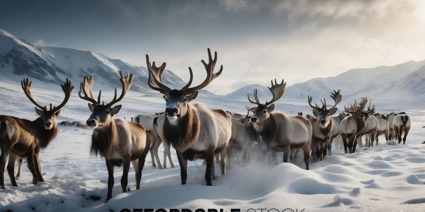 A herd of deer in the snow