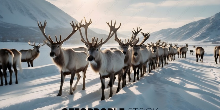 Herd of Reindeer Walking in Snow
