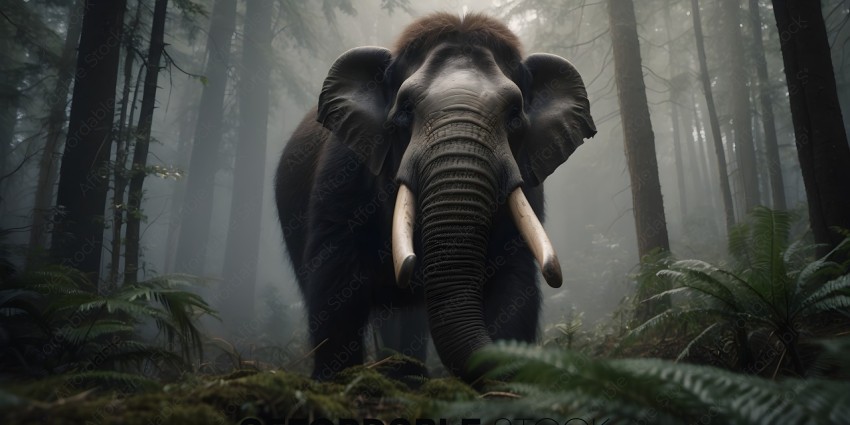 An elephant in a forest with its trunk up