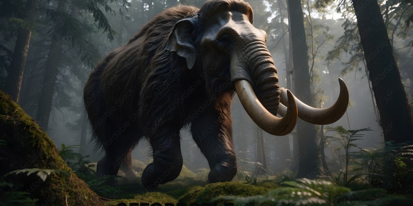 A large, hairy mammal walks through a forest