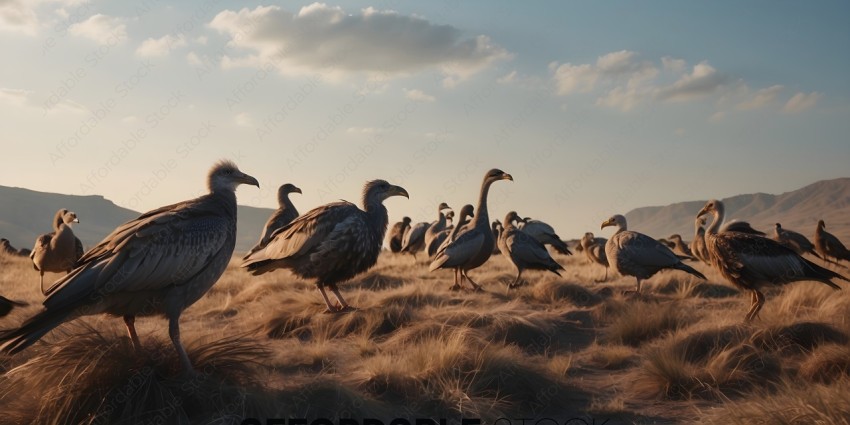 A flock of birds standing in a field