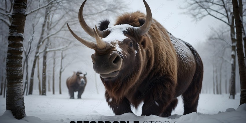Two yaks with horns in the snow