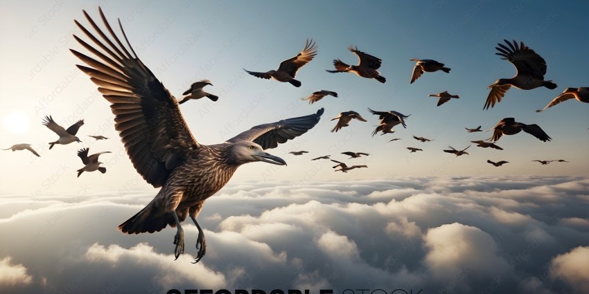 A large bird flying through the sky with a flock of birds