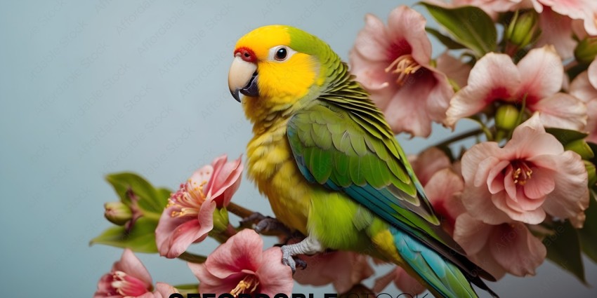 A colorful parrot perched on a branch with pink flowers