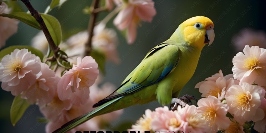 A green and yellow parrot perched on a branch