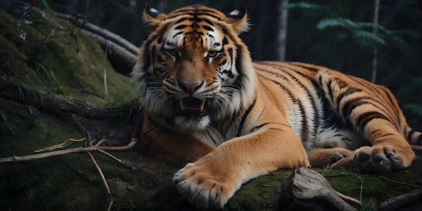 A tiger lays on a mossy rock, its mouth open