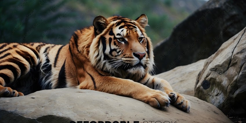 A tiger lays on a rock, looking at the camera
