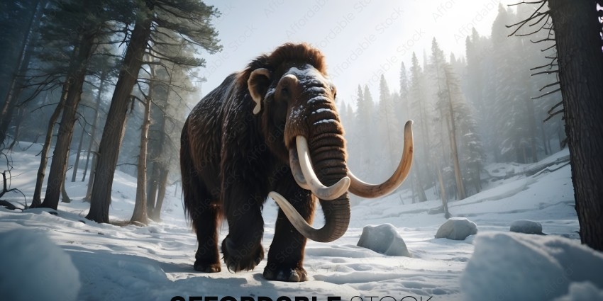 Ancient Wooly Mammoth in Snowy Forest