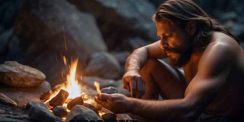 Man sitting on rocks, looking at fire, with hands on rocks