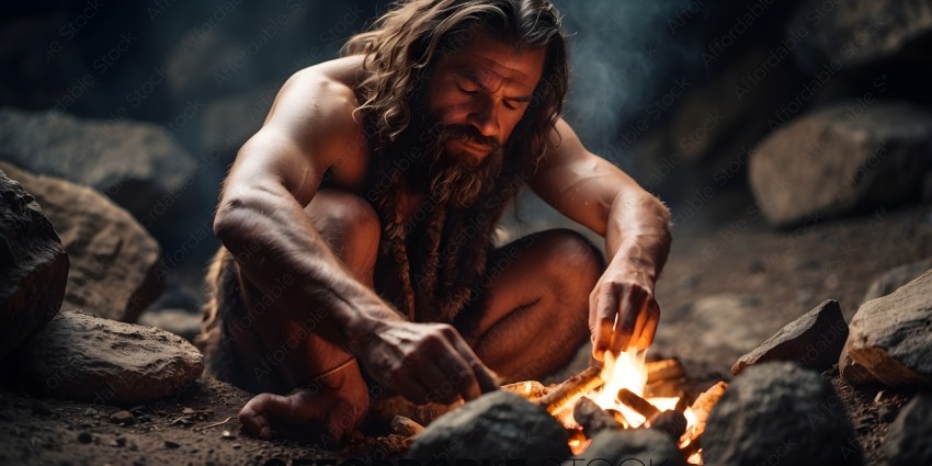 A man with a beard and long hair is sitting on the ground and looking at a fire