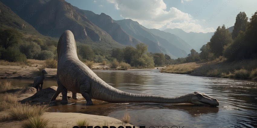 A dinosaur is standing in a river