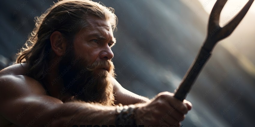 A man with a beard and long hair holding a sword