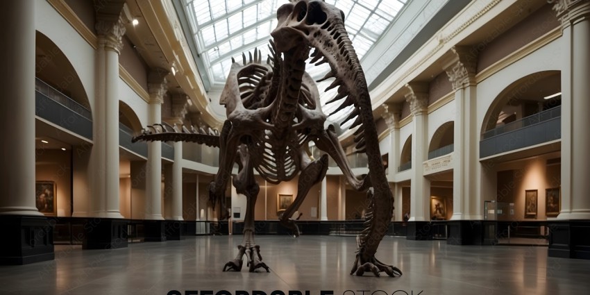 A dinosaur skeleton in a museum