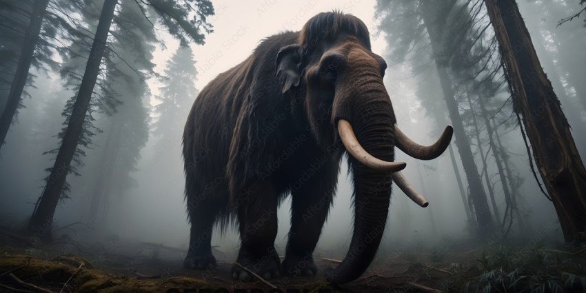An elephant with tusks standing in the woods