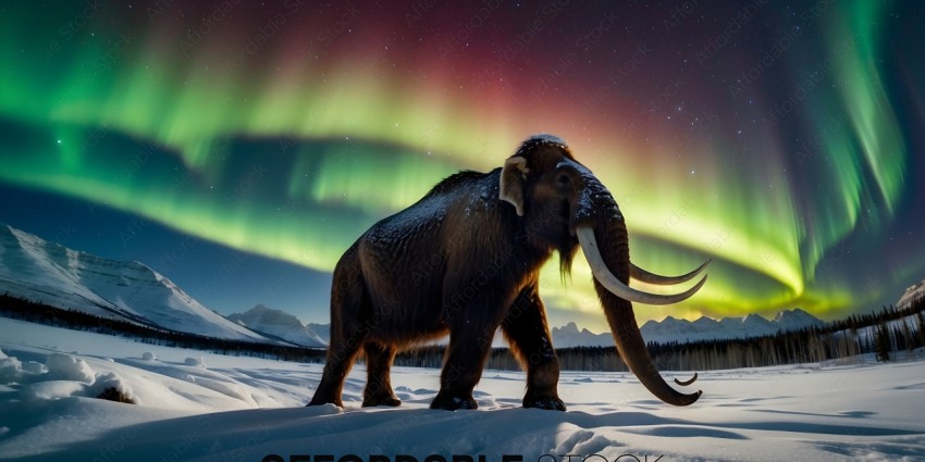 An elephant in the snow with a beautiful sky in the background