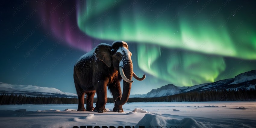 An elephant standing in the snow with a beautiful sky in the background