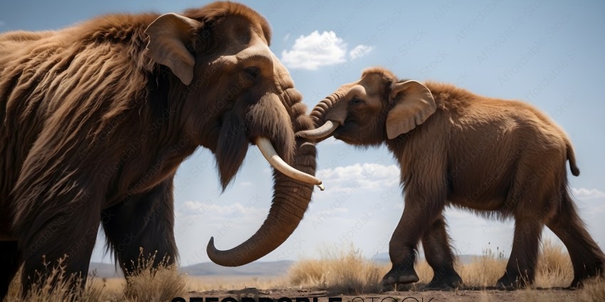 Two elephants with tusks standing in a field