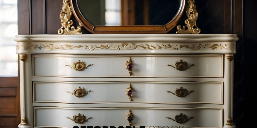 A white antique dresser with a mirror on top