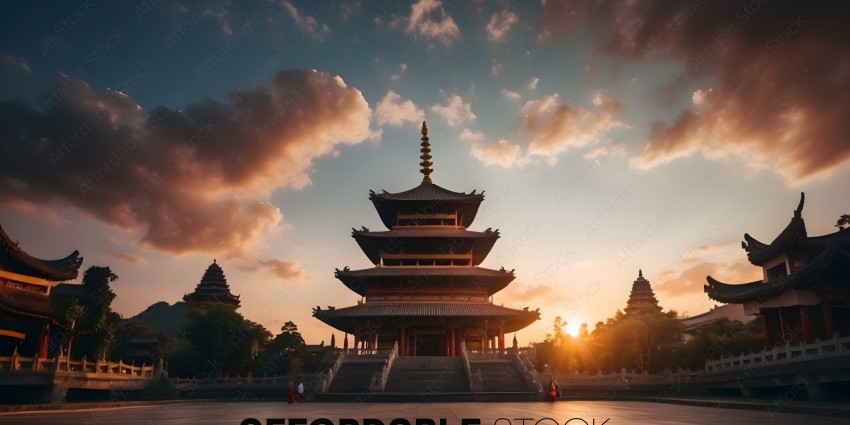A large building with a pagoda roof and a sunset in the background
