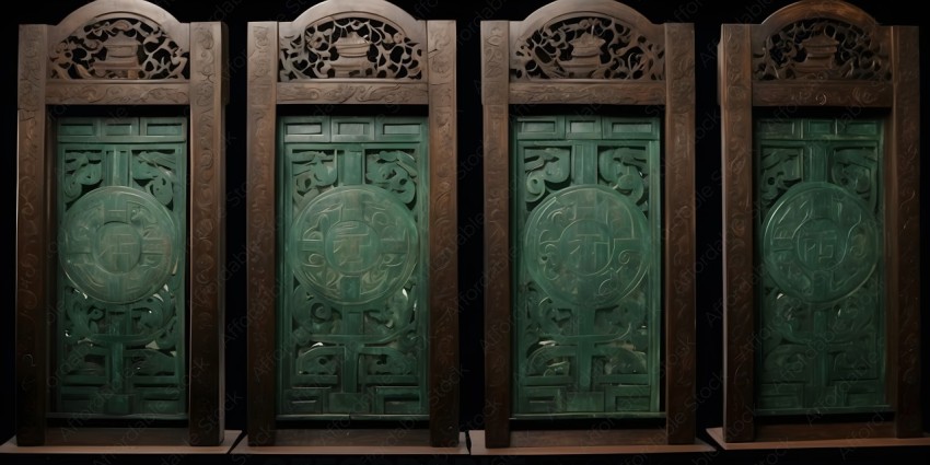 Two green doors with intricate designs