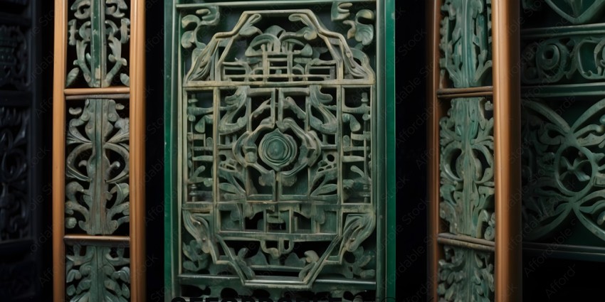 A green carved wooden panel with a design of a circle and a square