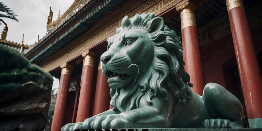 A statue of a lion with its mouth open
