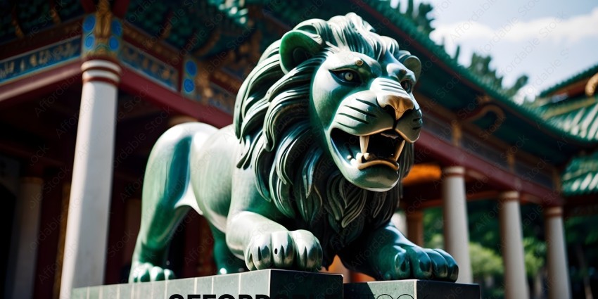 A statue of a lion with its mouth open