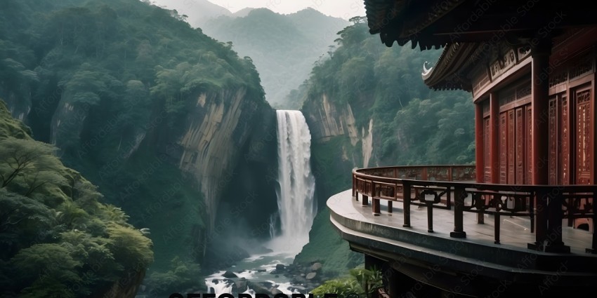 A waterfall in a mountainous area with a wooden fence