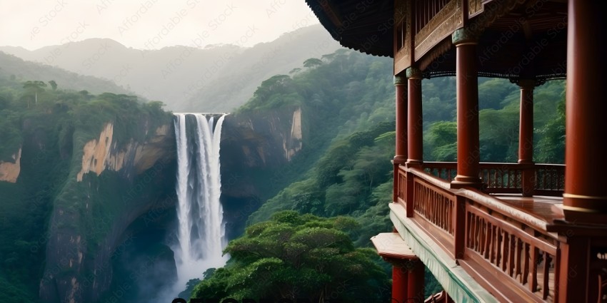 A waterfall in the jungle with a red building in the background