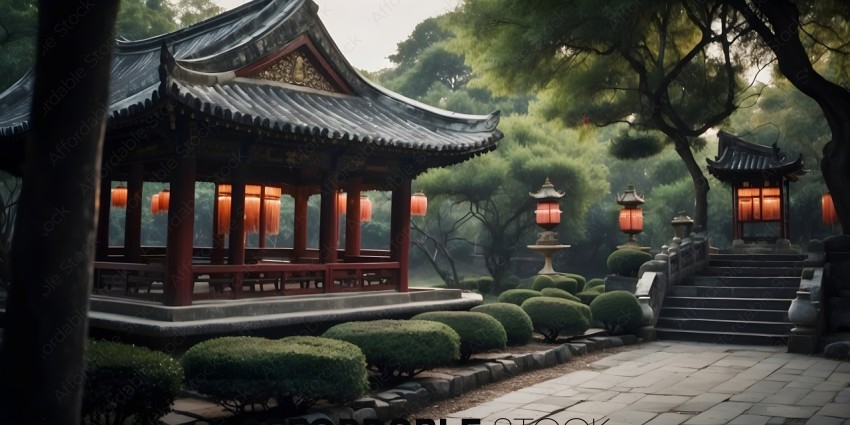 A garden with a pagoda and a gazebo