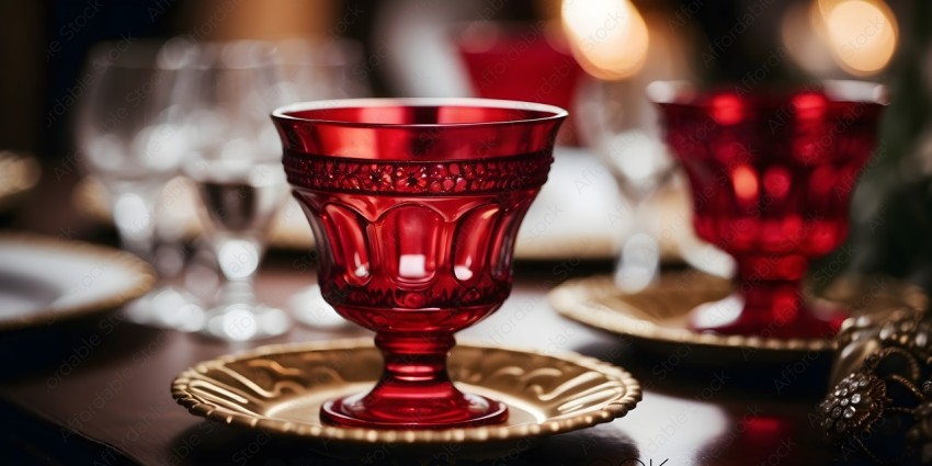 Red Glass Cup on Gold Plate