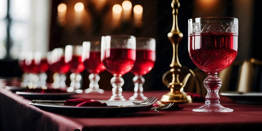 A table with red wine and glasses