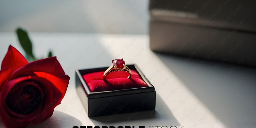 A ring in a black box with a red velvet lining