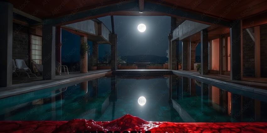 A pool at night with a full moon